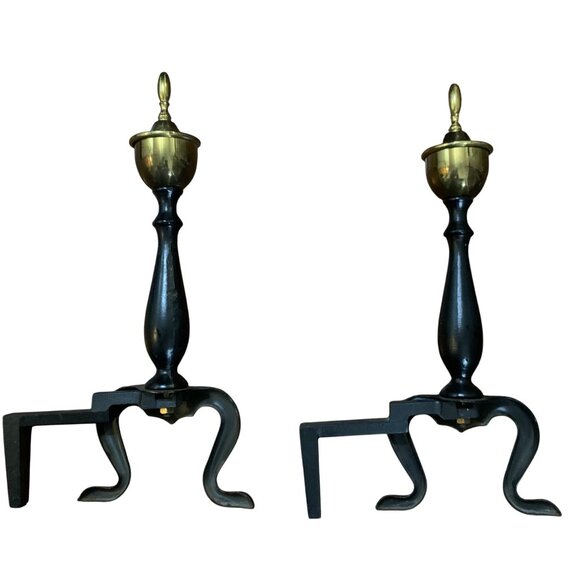 Vintage Federal Style Brass & Black Wrought Iron Andirons Log Holders Pair MCM - Picture 9 of 11